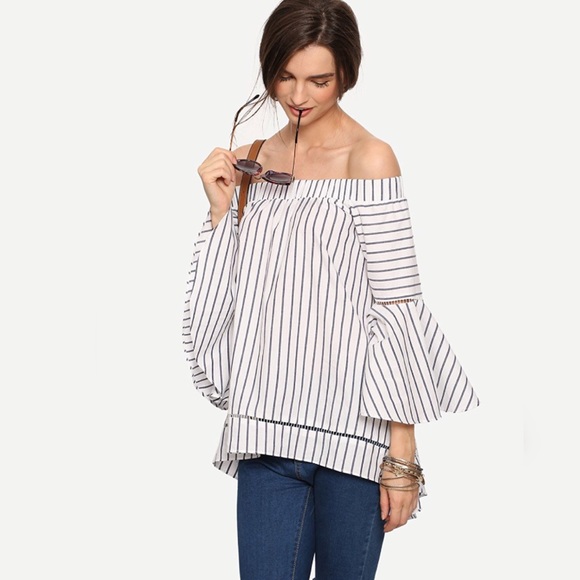 Off Shoulder Bell Sleeve Striped High Low Blouse - Picture 4 of 6